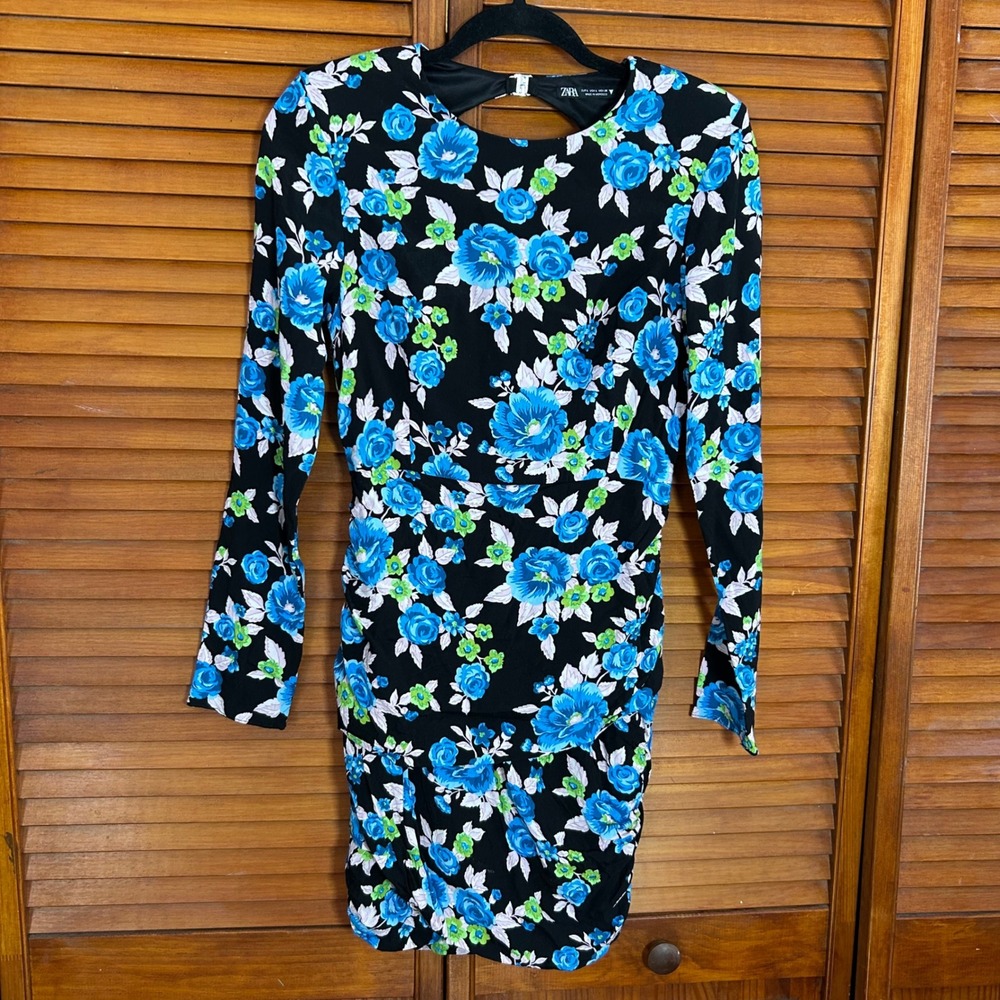 Zara Women Floral Open Back Mini Dress Long Sleeve Ruched Blue Black Size L